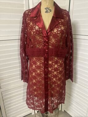 90s Susan Graver Women's Sheer Chunky Lace Jacket Cover Dress Burgundy X-large